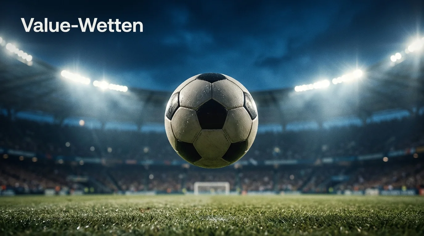 Fußball im Flug vor dem Flutlichthimmel eines Stadions bei Nacht als Sinnbild für Champions-League-Value-Wetten